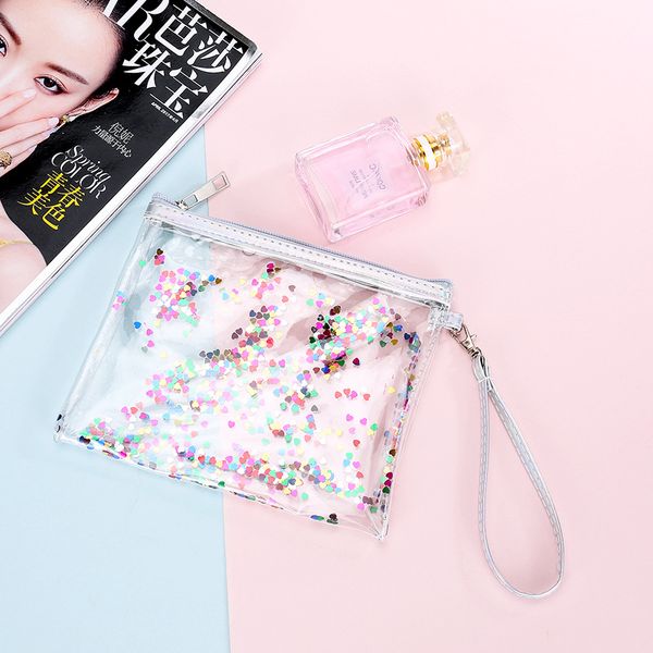transparent cosmetic bags women pvc transparent sequin bags quicksand glitter handle wash
