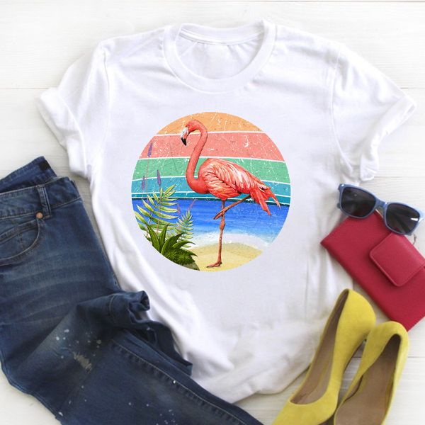 women flamingo flower short sleeve printed kawaii ladies summer t tee tshirt womens female shirt clothes graphic t-shirt, White