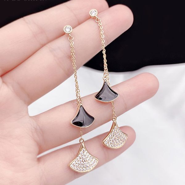 new korean style trendy fan-shaped dangler long tassel cute girl stud earrings femininity women party eardrop jewelry gift, Golden;silver