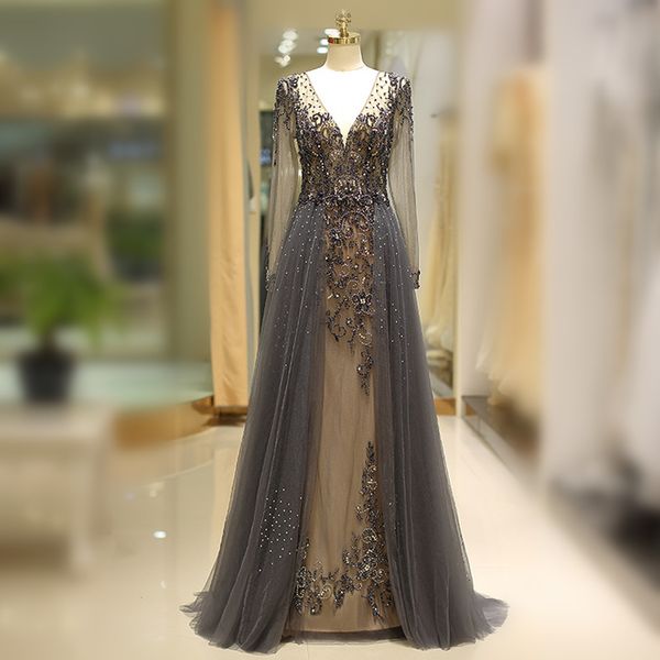 tulle beads formal evening dress v-neck long sleeve floor length women prom gown custom made, White;black
tulle beads formal evening dress v-neck long sleeve floor length women prom gown custom made, White;black