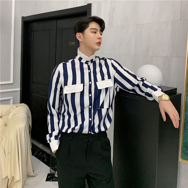 men stand collar slim fit long sleeve casual stripe shirt male high street vintage fashion hip hop party dress shirt, White;black
men stand collar slim fit long sleeve casual stripe shirt male high street vintage fashion hip hop party dress shirt, White;black