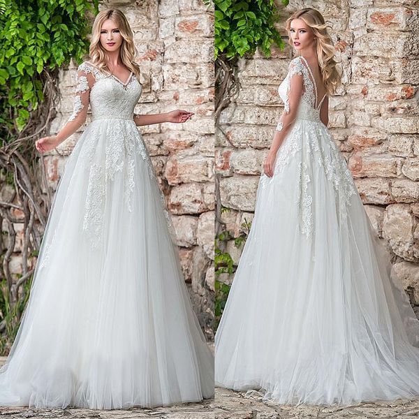 tulle v-neck neckline a-line wedding dress with lace appliques three quarter sleeves bridal gown vestidos de casamento, White
tulle v-neck neckline a-line wedding dress with lace appliques three quarter sleeves bridal gown vestidos de casamento, White
