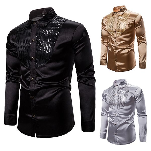 

autumn 2019 new bright-faced men casual long sleeve shirts nightclub splicing shirt men lapel trim shirt silver, White;black