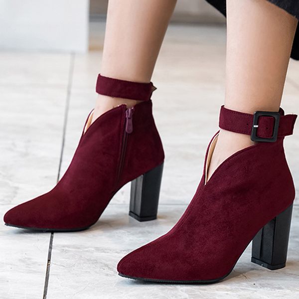 buckle strap ankle boots for women fashion flock square heel pointed toe solid color casual short party boots women bottes femme, Black
buckle strap ankle boots for women fashion flock square heel pointed toe solid color casual short party boots women bottes femme, Black