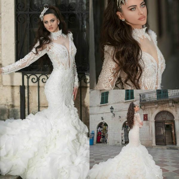2019 gorgeous mermaid wedding dresses high neck appliqued lace beads clouds sweep train luxury arabic wedding dress long sleeve bridal gowns, White
2019 gorgeous mermaid wedding dresses high neck appliqued lace beads clouds sweep train luxury arabic wedding dress long sleeve bridal gowns, White