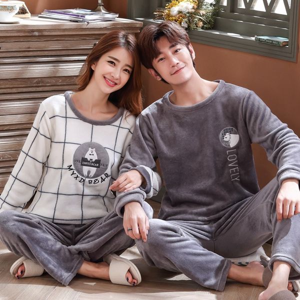 

couples thick warm cute cartoon flannel long sleeve pajama set for women winter coral velvet sleepwear suit men homewear clothes, Black;red