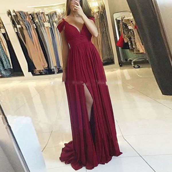 2019 burgundy evening dress for party v neckline floor length chiffon long prom dresses side slit, Black;red
2019 burgundy evening dress for party v neckline floor length chiffon long prom dresses side slit, Black;red