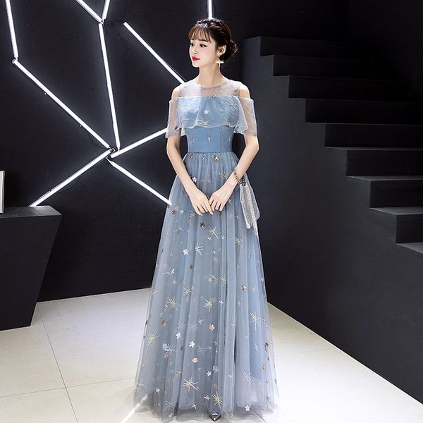 female embroidery star sequins formal party gown off shoulder qipao novelty light blue patchwork mesh dress cheongsam, Red 
female embroidery star sequins formal party gown off shoulder qipao novelty light blue patchwork mesh dress cheongsam, Red