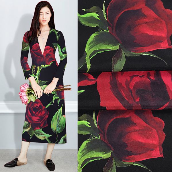 108cm 28mm big red rose print stretch black heavy silk crepe fabric for spring summer dress blouse skirt shirt pants jh088, Black;white
108cm 28mm big red rose print stretch black heavy silk crepe fabric for spring summer dress blouse skirt shirt pants jh088, Black;white