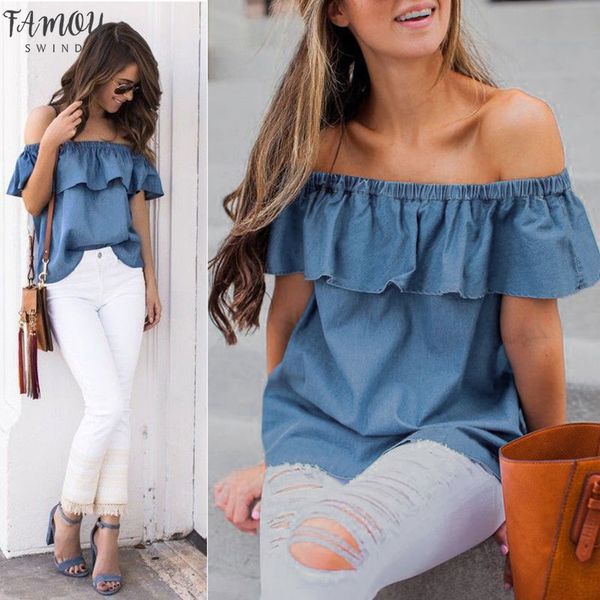 new fashion womens summer off shoulder ladies loose casual denim blouse ruffles shirts solid clothes, White
new fashion womens summer off shoulder ladies loose casual denim blouse ruffles shirts solid clothes, White