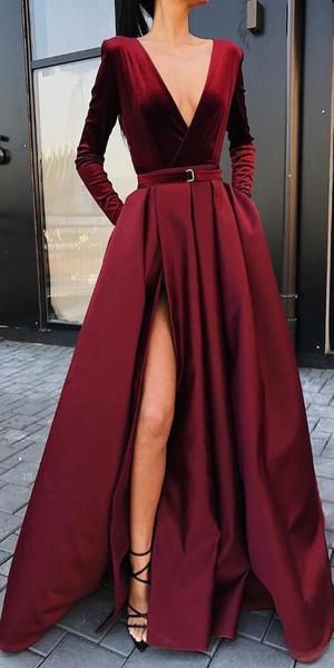 deep v-neck long sleeve burgundy evening dresses with pockets side slit floor length prom dress party dress vestidos festa, Black;red
deep v-neck long sleeve burgundy evening dresses with pockets side slit floor length prom dress party dress vestidos festa, Black;red