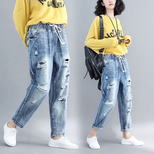 denim harem pants women summer baggy ripped holes, Blue