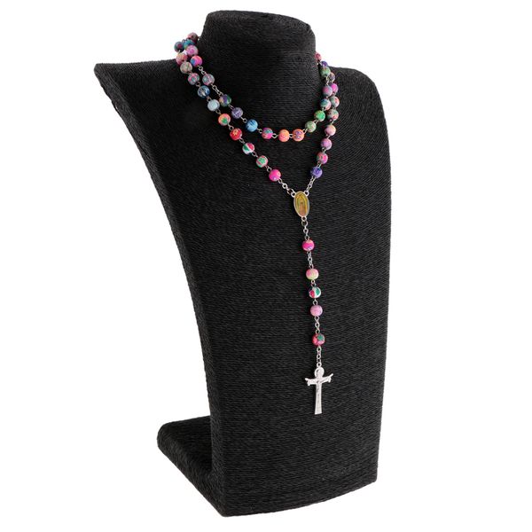 women hip 8mm bead rosary pray hand jesus cross pendant necklace multi-color, Silver