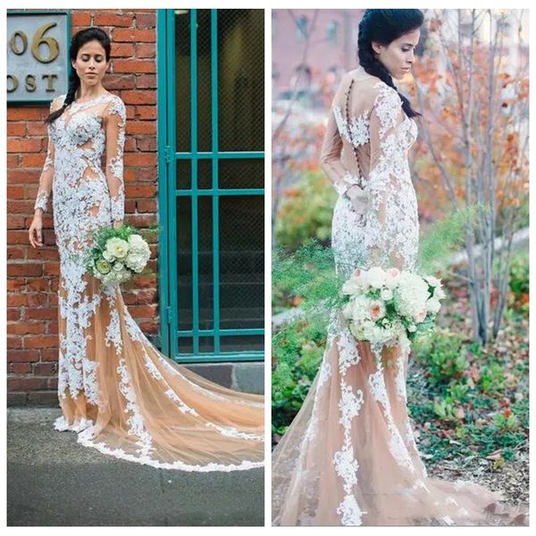 sheer long sleeves mermaid wedding dresses with lace appliques formal bridal gowns 2020 customized long european fashion vestidos, White
sheer long sleeves mermaid wedding dresses with lace appliques formal bridal gowns 2020 customized long european fashion vestidos, White