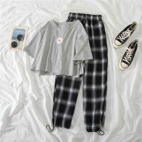 2020 summer women sets fashion daisy crop + plaid cargo pants two piece outfits woman clothing set casual matching set 2pcs, White