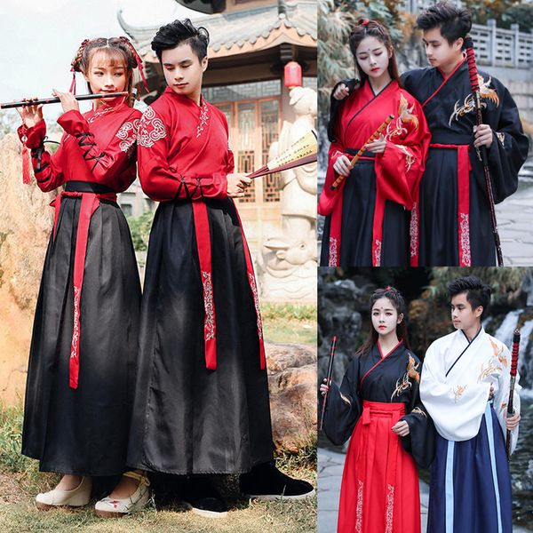 new year men women ancient chinese national costumes hanfu festival stage performance folk dance dress embroidery outfit, Black;red
new year men women ancient chinese national costumes hanfu festival stage performance folk dance dress embroidery outfit, Black;red