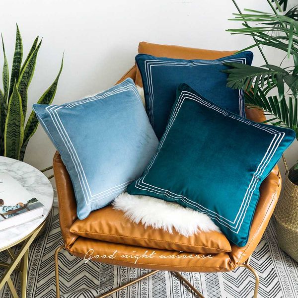 

modern solid vintage blue velvet back sofa striped seat cushion geometry classical throw pillow decorative french chic nordic