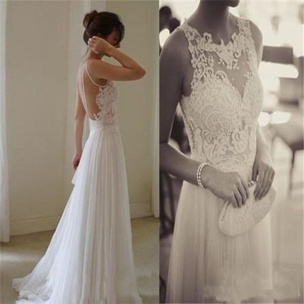 2019 Cheap White Ivory Appliqued Wedding Dresses Sexy Backless Sheer Chiffon Lace Long Boho Beach Bridal Gown Vestidos De Novia