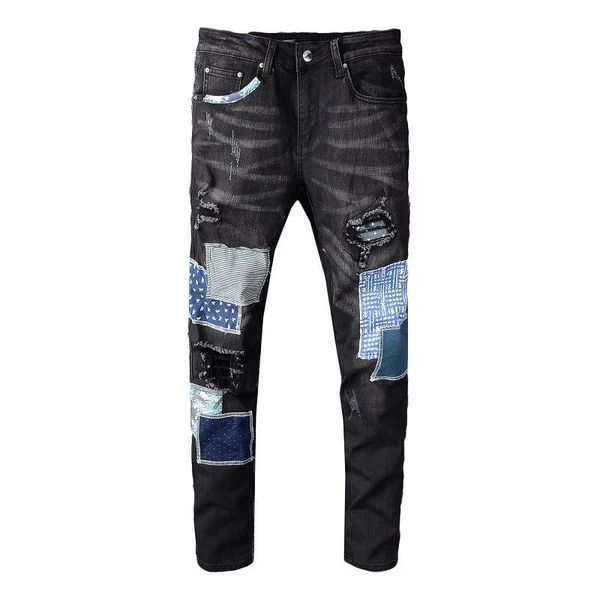 new mens designer jeans black slim fashion brand hole patch stitching washed denim pants ripped distressed slim pencil pants, Blue
new mens designer jeans black slim fashion brand hole patch stitching washed denim pants ripped distressed slim pencil pants, Blue