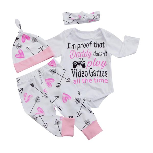 4pcs set newborn baby boy girl clothes long sleeve letter print romper +long pant trouser headband hat outfit arrow clothing, White
4pcs set newborn baby boy girl clothes long sleeve letter print romper +long pant trouser headband hat outfit arrow clothing, White
