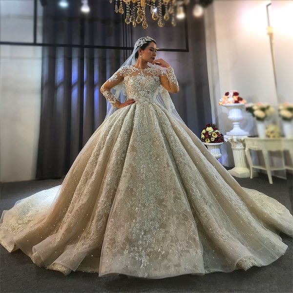 2020 long sleeves dubai luxury beading pearls wedding dress puffy lace ball gown with long train custom made bridal gowns, White
2020 long sleeves dubai luxury beading pearls wedding dress puffy lace ball gown with long train custom made bridal gowns, White