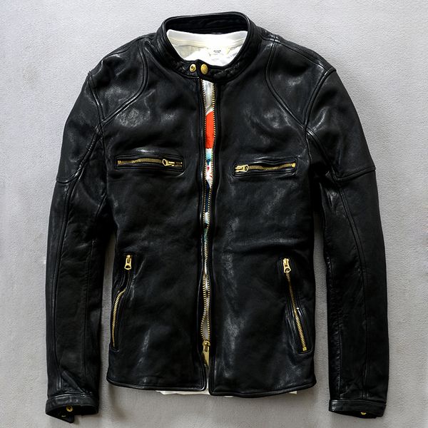 2018 new thickening vegetable tanned sheep leather jacket slim stand collar short men's leather motorcycle coat, Black
2018 new thickening vegetable tanned sheep leather jacket slim stand collar short men's leather motorcycle coat, Black
