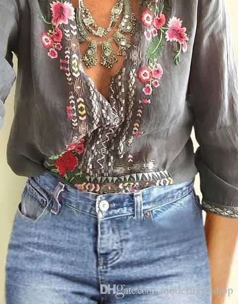 foreign trade women's european and american style fashion wild embroidery flower shirt v-neck loose long-sleeved shirt, White
foreign trade women's european and american style fashion wild embroidery flower shirt v-neck loose long-sleeved shirt, White