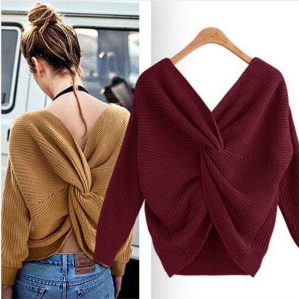 women open back sweater big tie v-neck full sleeve sweaters solid color knitted pullovers elegant knitwear sweater women, White;black
women open back sweater big tie v-neck full sleeve sweaters solid color knitted pullovers elegant knitwear sweater women, White;black