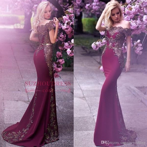 2019 popular grape formal prom dress beads long appliques mermaid off the shoulder evening dress gold belt arabic celebrity vestidos, Black
2019 popular grape formal prom dress beads long appliques mermaid off the shoulder evening dress gold belt arabic celebrity vestidos, Black