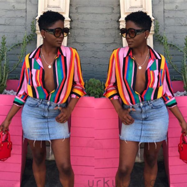 new colorful stripe blouse shirt women long sleeve loose blouse casual button-up shirt ladies casual v-neck rainbow, White
new colorful stripe blouse shirt women long sleeve loose blouse casual button-up shirt ladies casual v-neck rainbow, White