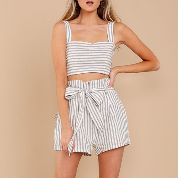 women fashion two piece set o-neck striped crop loose bandage short pants suit summer beach casual outfits for women, White
women fashion two piece set o-neck striped crop loose bandage short pants suit summer beach casual outfits for women, White