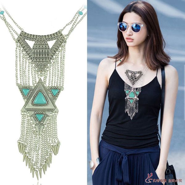 european and american retro national bohemian exaggerated women's necklace egyptian long fringed pine clavicle chain, Silver
european and american retro national bohemian exaggerated women's necklace egyptian long fringed pine clavicle chain, Silver