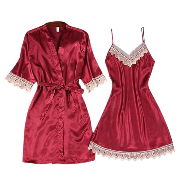 fashion new women lace satin nightgown + bathrobe pajamas sets half sleeve sleepwear lounge set female nightdress e1, Black;red
fashion new women lace satin nightgown + bathrobe pajamas sets half sleeve sleepwear lounge set female nightdress e1, Black;red