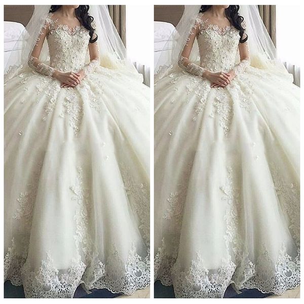 sheer scoop long sleeves 2020 modest princess wedding dresses lace appliques long bridal gowns formal long vestidos de marriage, White
sheer scoop long sleeves 2020 modest princess wedding dresses lace appliques long bridal gowns formal long vestidos de marriage, White