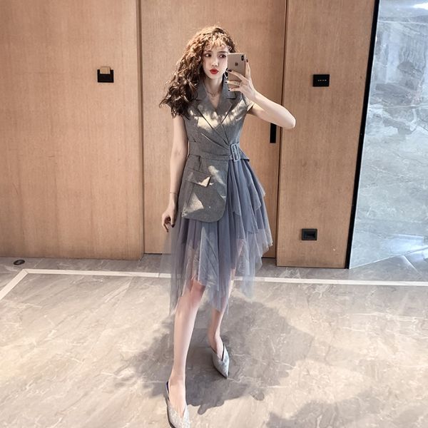 women dresses very fairy mesh dress lady temperament women 2020 autumn new style suit lapel stitching irregular skirt, White;black
women dresses very fairy mesh dress lady temperament women 2020 autumn new style suit lapel stitching irregular skirt, White;black