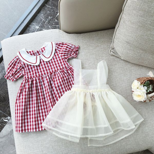 2020 selling baby girls 2 pcs set plaid dress+vest dress summer kids girls suits 1-7 years, White