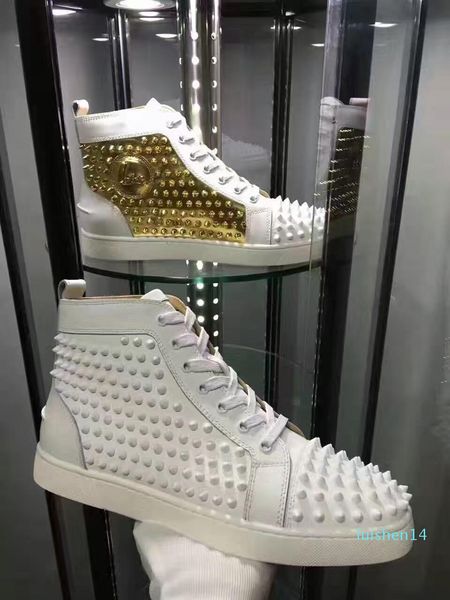 name casual man woman red bottom sneaker fashion patchwork shining gold high rivets lace up party shoes spikes l14, Black
name casual man woman red bottom sneaker fashion patchwork shining gold high rivets lace up party shoes spikes l14, Black