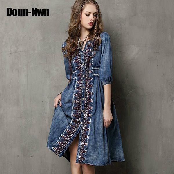 doun-nwn brand women's fashion 2020 spring summer new large size denim dress national style embroidery drawstring sleeve dress, Black;gray
doun-nwn brand women's fashion 2020 spring summer new large size denim dress national style embroidery drawstring sleeve dress, Black;gray