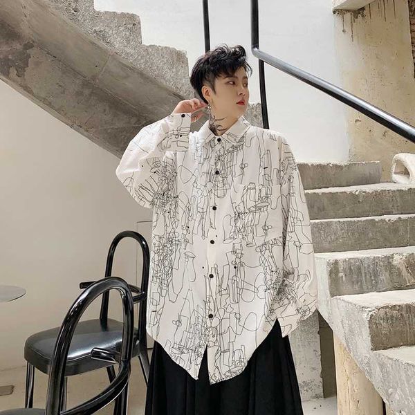 men long sleeve line print loose casual shirt male vintage streetwear hip hop fashion party dress shirts stage show costumes, White;black
men long sleeve line print loose casual shirt male vintage streetwear hip hop fashion party dress shirts stage show costumes, White;black