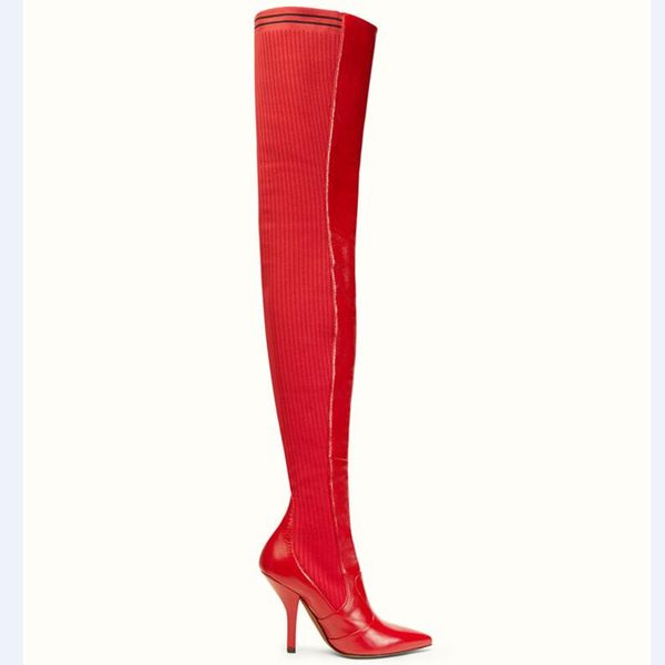 2019 design long boots women pointed toe red real leather knit patchwork high heel shoes woman star over the knee boots, Black
2019 design long boots women pointed toe red real leather knit patchwork high heel shoes woman star over the knee boots, Black