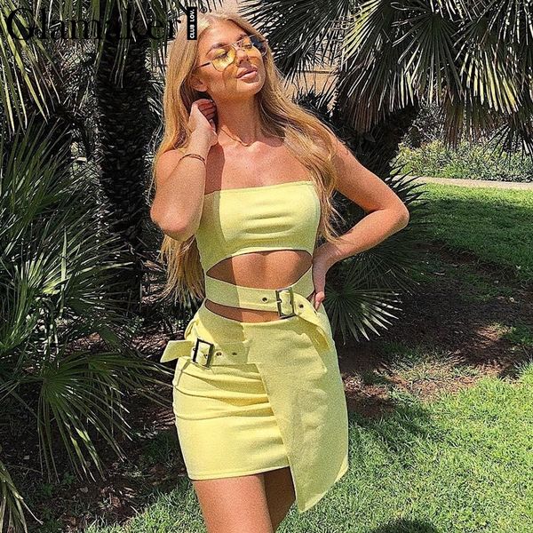 Glamaker Hollow out belt sash wrap sexy dress Women yellow strap crop party dress Female two-piece suit winter vestidos
Glamaker Hollow out belt sash wrap sexy dress Women yellow strap crop party dress Female two-piece suit winter vestidos
