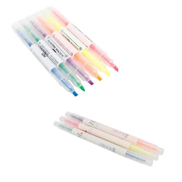 

3/6 pcs double head highlighter pen pastel fluorescent marker pens fineliner brush drawing school stationary supplies 04439, Black;red