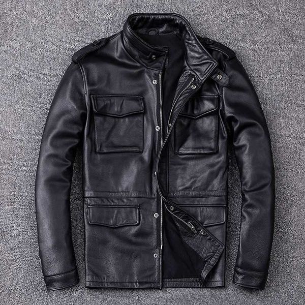 men's leather & faux men genuine hunting long m65 cowskin stand collar motorcycle jacket multi-pocket biker coat, Black
men's leather & faux men genuine hunting long m65 cowskin stand collar motorcycle jacket multi-pocket biker coat, Black