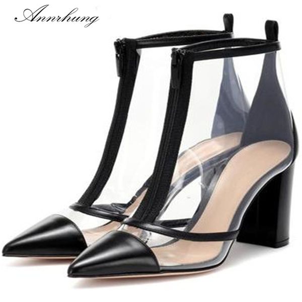 2019 new chic transparent pvc ankle boots women pointed toe block high heels unique front zipper clear short booties de mujer, Black
2019 new chic transparent pvc ankle boots women pointed toe block high heels unique front zipper clear short booties de mujer, Black