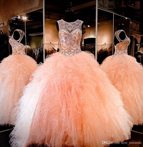 2020 coral peach sheer crystal beading rhinestone ruffled tulle ball gown sweet 16 dresses lace-up backless ball gown quinceanera dresses, Blue;red
2020 coral peach sheer crystal beading rhinestone ruffled tulle ball gown sweet 16 dresses lace-up backless ball gown quinceanera dresses, Blue;red