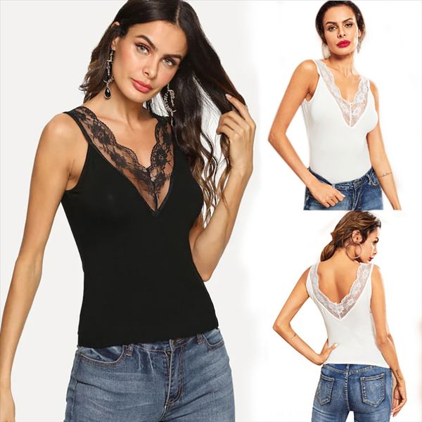 2019 women's solid color stitching sleeveless lace v-neck slim backless vest lace vest women's top, White
2019 women's solid color stitching sleeveless lace v-neck slim backless vest lace vest women's top, White