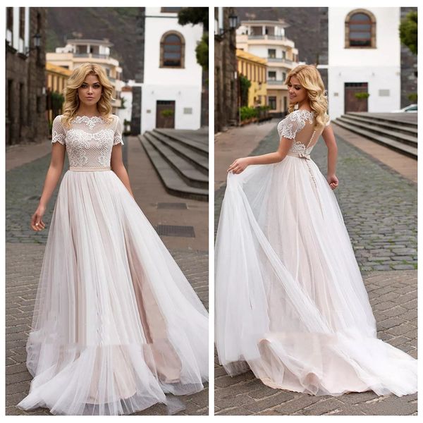 jewel short sheer sleeves a-line wedding dresses lace appliques tulle sweep train long bridal gowns custom gown 2019 modest vestidos, White
jewel short sheer sleeves a-line wedding dresses lace appliques tulle sweep train long bridal gowns custom gown 2019 modest vestidos, White