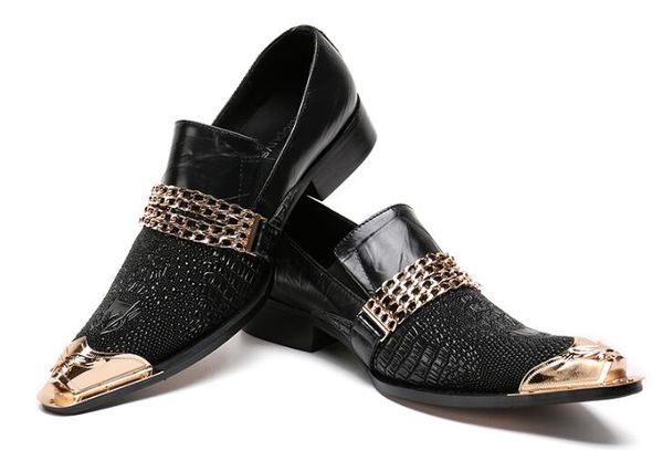gold metal chain pointed toe wedding party dress shoes genuine leather men loafers big size 46, Black
gold metal chain pointed toe wedding party dress shoes genuine leather men loafers big size 46, Black