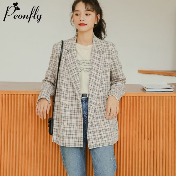 peonfly elegant notched collar plaid women blazer korean style double breasted autumn jacket 2020 casual pockets female coat, White;black
peonfly elegant notched collar plaid women blazer korean style double breasted autumn jacket 2020 casual pockets female coat, White;black