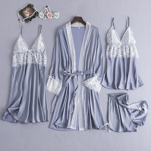 4 piece pajamas set women faux silk dressing gown lace sling shorts summer robe sleepwear with chest pads, Black;red
4 piece pajamas set women faux silk dressing gown lace sling shorts summer robe sleepwear with chest pads, Black;red